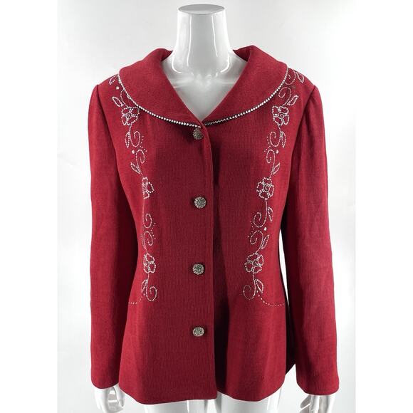 Liorah Knit Sweater Jacket Size 14 Red Wool Blend Rhinestone Silver Embellished - Picture 1 of 4